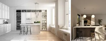 Visualisierung einer modernen Küchenplanung mit Übergang von detaillierter Zeichnung zu realisiertem Küchendesign, inklusive Kochinsel, Hocker, offenen Regalen und heller Fensterbank, ideal für individuelle Küchenplanung und Interior Design.